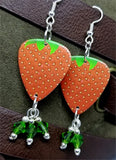 Strawberry Guitar Pick Earrings with Green Swarovski Crystal Dangles