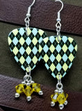 Black, Blue and Yellow Argyle Guitar Pick with Yellow Swarovski Crystal Dangles