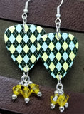 Black, Blue and Yellow Argyle Guitar Pick with Yellow Swarovski Crystal Dangles