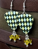 Black, Blue and Yellow Argyle Guitar Pick with Yellow Swarovski Crystal Dangles