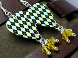 Black, Blue and Yellow Argyle Guitar Pick with Yellow Swarovski Crystal Dangles