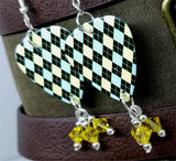 Black, Blue and Yellow Argyle Guitar Pick with Yellow Swarovski Crystal Dangles