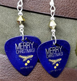 Merry Christmas and Happy New Year Guitar Pick Earrings with Gold Swarovski Crystals