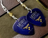 Merry Christmas and Happy New Year Guitar Pick Earrings with Gold Swarovski Crystals