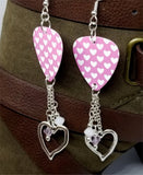 White Hearts on Pink Guitar Pick Earrings with Heart Charm and Swarovski Crystal Dangles