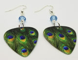 Peacock Feather Guitar Pick Earrings with Aqua Blue Swarovski Crystals