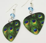 Peacock Feather Guitar Pick Earrings with Aqua Blue Swarovski Crystals