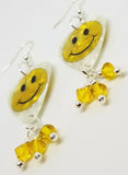 Smiley Face White MOP Guitar Pick Earrings with Yellow Swarovski Crystal Dangles