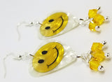 Smiley Face White MOP Guitar Pick Earrings with Yellow Swarovski Crystal Dangles