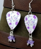 Purple Flowered Guitar Pick Earrings with Purple Swarovski Crystal Dangles