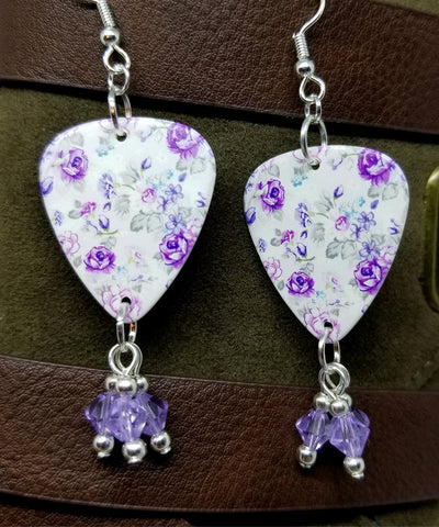 Purple Flowered Guitar Pick Earrings with Purple Swarovski Crystal Dangles