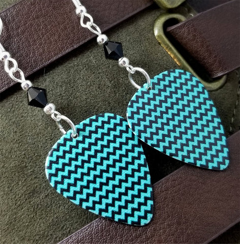 Turquoise and Black Chevron Guitar Pick Earrings with Black Swarovski Crystals