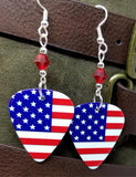 American Flag Guitar Pick Earrings with Red Swarovski Crystals