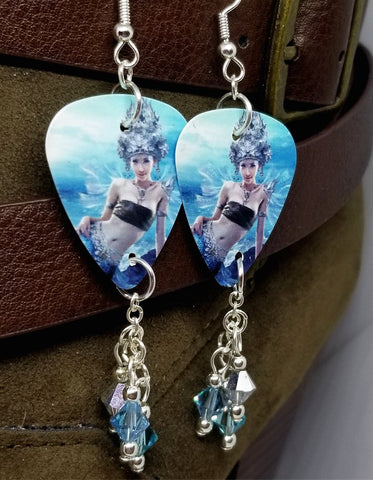 Mermaid with Black Top Guitar Pick Earrings with Swarovski Crystal Dangles