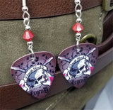 Skull with Crossed Guitars and Death Rock Banner Guitar Pick Earrings with Red Swarovski Crystals