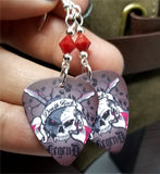 Skull with Crossed Guitars and Death Rock Banner Guitar Pick Earrings with Red Swarovski Crystals
