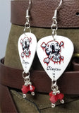 Skull and Crossbones Tattoo Style Guitar Pick Earrings with Red Swarovski Crystal Dangles