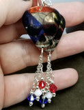 Skull with Puerto Rican Flag Guitar Pick Earrings with Swarovski Crystal Dangles