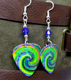 Swirling Tie Dye Guitar Pick Earrings with Blue Swarovski Crystals