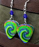 Swirling Tie Dye Guitar Pick Earrings with Blue Swarovski Crystals