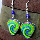 Swirling Tie Dye Guitar Pick Earrings with Blue Swarovski Crystals