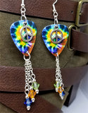 Tie Dye Guitar Pick Earrings with Peace Sign Charm Overlay and Swarovski Crystal Dangles
