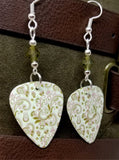 Pink and Green Flowers and Flourishes Guitar Pick Earrings with Green Swarovski Crystals