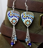 Brown and Blue Mosaic Tile Patterned Guitar Pick Earrings with Swarovski Crystal Dangles