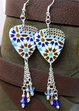 Brown and Blue Mosaic Tile Patterned Guitar Pick Earrings with Swarovski Crystal Dangles