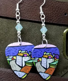 City Road Illustrated Guitar Pick Earrings with Chrysolite Opal Swarovski Crystals