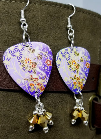 Purple and Gold Flowered Origami Paper Style Guitar Pick Earrings with Gold Swarovski Crystal Dangles