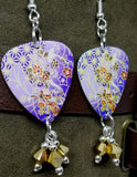 Purple and Gold Flowered Origami Paper Style Guitar Pick Earrings with Gold Swarovski Crystal Dangles