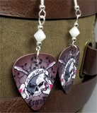 Skull with Crossed Guitars and Death Rock Banner Guitar Pick Earrings with White Crystals