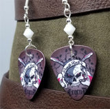Skull with Crossed Guitars and Death Rock Banner Guitar Pick Earrings with White Crystals