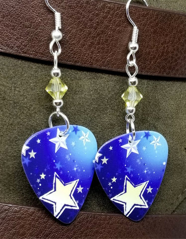 Yellow and Blue Star Guitar Pick Earrings with Yellow Swarovski Crystals