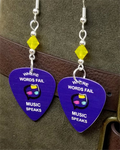 Where Words Fail Music Speaks Guitar Pick Earrings with Yellow Opal Swarovski Crystals