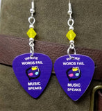 Where Words Fail Music Speaks Guitar Pick Earrings with Yellow Opal Swarovski Crystals