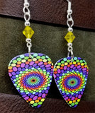 Brightly Colored Dots in Concentric Circles Guitar Pick Earrings with Yellow Swarovski Crystals