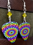 Brightly Colored Dots in Concentric Circles Guitar Pick Earrings with Yellow Swarovski Crystals