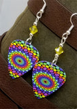 Brightly Colored Dots in Concentric Circles Guitar Pick Earrings with Yellow Swarovski Crystals