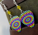 Brightly Colored Dots in Concentric Circles Guitar Pick Earrings with Yellow Swarovski Crystals