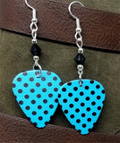 Blue with Black Polka Dots Guitar Pick Earrings and Black Swarovski Crystals