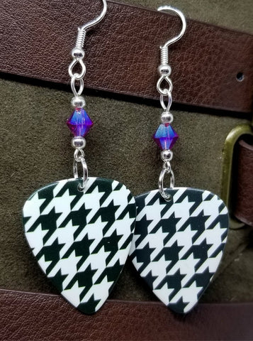 Black and White Houndstooth Guitar Pick Earrings with Fuchsia AB Swarovski Crystals