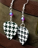 Black and White Houndstooth Guitar Pick Earrings with Fuchsia AB Swarovski Crystals