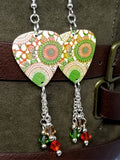 Orange and Green Round Flowers Guitar Pick Earrings with Swarovski Crystal Dangles