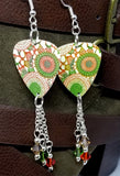 Orange and Green Round Flowers Guitar Pick Earrings with Swarovski Crystal Dangles