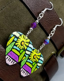 Sun and Trees Landscape Guitar Pick Earrings with Fuchsia AB Swarovski Crystals