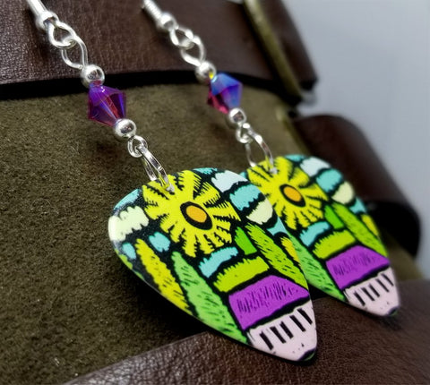 Sun and Trees Landscape Guitar Pick Earrings with Fuchsia AB Swarovski Crystals