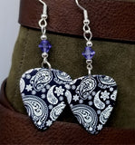 Black and White Paisley Guitar Pick Earrings with Purple Swarovski Crystals