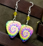 Brightly Colored Tie Dye Guitar Pick Earrings with Yellow Swarovski Crystals